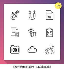 Modern, simple vector icon set on gradient background with north, magnet, market, camera, photographer, cloud, money, pole, kite, communication, earth, list, education, photography, global, tick icons