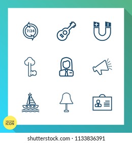 Modern, simple vector icon set on gradient background with yacht, light, metal, operator, loudspeaker, boat, musical, key, headset, vintage, profile, field, loud, old, lock, business, support icons