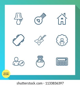 Modern, simple vector icon set on gradient background with folk, estate, bulb, medicine, online, object, calculator, tool, laboratory, light, string, board, internet, equipment, architecture icons