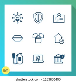 Modern, simple vector icon set on gradient background with lettuce, protection, technology, video, cutout, burger, shield, danger, equipment, emergency, id, security, shirt, internet, secure icons