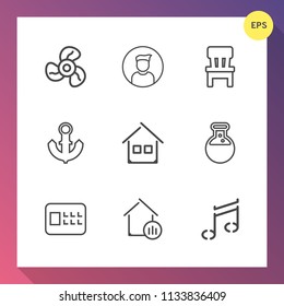 Modern, simple vector icon set on gradient background with ventilator, laboratory, comfortable, sound, property, air, building, house, security, tool, fan, safe, sea, lock, note, cooling, anchor icons