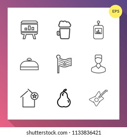 Modern, simple vector icon set on gradient background with infographic, pub, human, drink, america, lager, information, television, tv, luggage, beer, travel, template, house, home, guitar, flag icons