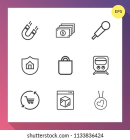 Modern, simple vector icon set on gradient background with money, transport, cash, south, north, present, shipping, delivery, protect, retail, train, online, celebration, property, people, mic icons