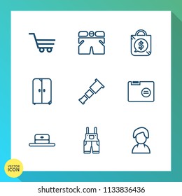 Modern, simple vector icon set on gradient background with shop, business, cabinet, office, retail, clothing, head, interior, white, market, cart, space, work, human, bag, sky, sale, cap, wear icons