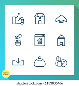 Modern, simple vector icon set on gradient background with download, success, sky, pin, fashion, construction, estate, sport, hand, property, real, style, bag, web, house, online, investment, up icons