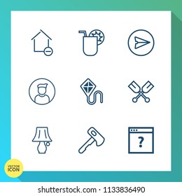 Modern, simple vector icon set on gradient background with sky, property, paddle, email, drink, page, ice, juice, canoe, house, glass, water, room, joy, cold, web, apartment, new, home, hammer icons
