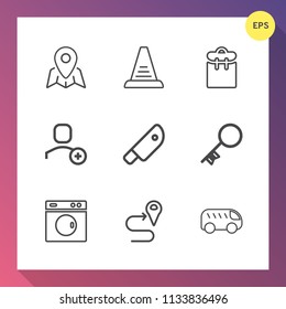 Modern, simple vector icon set on gradient background with up, step, pin, ladder, house, knife, security, delete, kitchen, key, cut, people, equipment, road, machine, location, sign, person, web icons