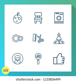 Modern, simple vector icon set on gradient background with search, science, interior, girl, chair, white, planet, housework, background, moon, fashion, magnifying, young, room, comfortable, lady icons