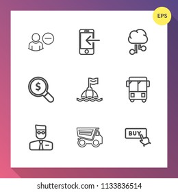 Modern, simple vector icon set on gradient background with connection, user, buy, money, business, banking, vehicle, avatar, internet, smartphone, button, smart, dumper, web, phone, remove, sea icons