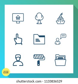 Modern, simple vector icon set on gradient background with brush, landscape, finger, folder, roll, estate, file, pine, paint, open, button, forest, , nature, boy, communication, roller, business icons