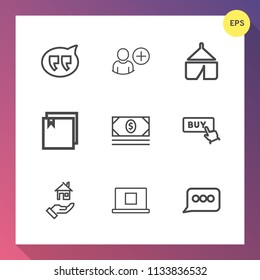 Modern, simple vector icon set on gradient background with speech, document, button, account, folder, profile, camp, web, paper, cash, tent, buy, internet, travel, landscape, tourism, outdoor icons