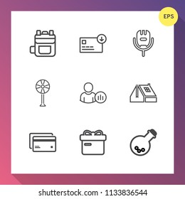 Modern, simple vector icon set on gradient background with finance, sack, backpack, plastic, technology, status, home, cooler, business, roof, profile, fan, back, banking, holiday, online, money icons