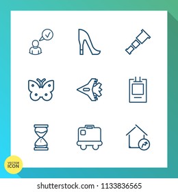 Modern, simple vector icon set on gradient background with bag, sky, luggage, profile, butterfly, high, badge, fly, house, astronomy, sand, nature, airplane, business, jetliner, telescope, time icons