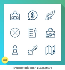 Modern, simple vector icon set on gradient background with real, tag, launch, palace, strategy, space, lock, architecture, fantasy, object, travel, medieval, leather, chess, circle, vintage, map icons