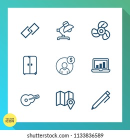 Modern, simple vector icon set on gradient background with travel, interface, light, music, pencil, location, furniture, ventilator, cool, link, table, pen, decoration, accounting, hyperlink icons