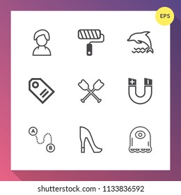 Modern, simple vector icon set on gradient background with social, sale, roller, canoe, map, tag, tool, girl, person, human, shoe, wall, science, animal, male, field, paddle, magnetic, monster icons