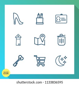 Modern, simple vector icon set on gradient background with fashion, can, shop, shoe, door, document, education, sky, retail, map, high, architecture, stationery, bin, house, landmark, pin, road icons