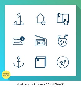 Modern, simple vector icon set on gradient background with home, wheel, exploration, cardboard, message, summer, removal, space, science, new, cocktail, business, technology, finance, shuttle icons