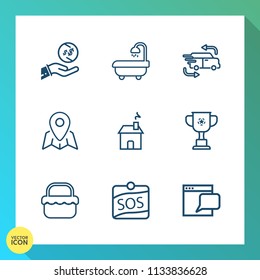Modern, simple vector icon set on gradient background with white, sign, sink, bath, chat, map, picnic, internet, money, communication, cup, location, summer, currency, victory, interior, estate icons