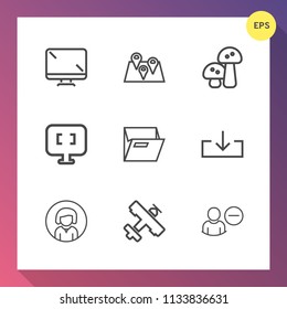 Modern, simple vector icon set on gradient background with navigation, white, pc, plane, computer, office, screen, lady, pin, edible, account, food, gps, file, travel, folder, vegetable, digital icons