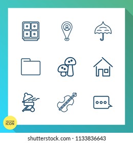 Modern, simple vector icon set on gradient background with travel, object, house, paper, edible, open, cooking, safety, estate, meat, web, bank, currency, white, office, file, mushroom, location icons