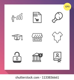 Modern, simple vector icon set on gradient background with snack, curtain, school, career, chicken, cute, success, progress, list, paper, open, unlock, white, protection, book, university, food icons