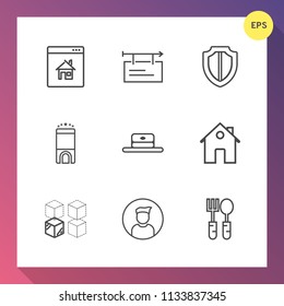 Modern, simple vector icon set on gradient background with secure, relocation, security, estate, online, hotel, hat, white, bed, male, package, property, protection, safety, kitchen, luxury, cap icons