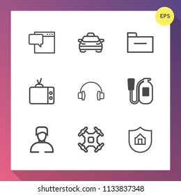 Modern, simple vector icon set on gradient background with chat, property, screen, home, transportation, safety, tv, male, speech, aerial, helicopter, boy, video, protect, protection, music, car icons