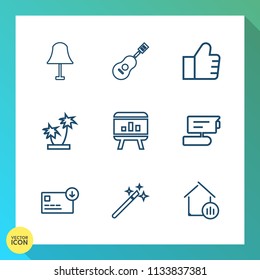 Modern, simple vector icon set on gradient background with palm, camera, chart, summer, music, video, finance, lamp, record, magic, magician, musical, wand, real, electric, electricity, interior icons