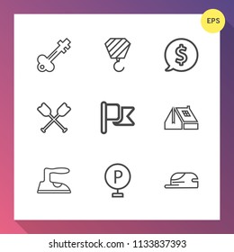 Modern, simple vector icon set on gradient background with architecture, security, fashion, key, antique, clothes, equipment, iron, car, window, retro, home, america, lock, hat, vintage, old icons