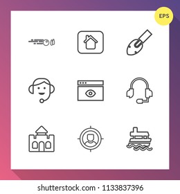 Modern, simple vector icon set on gradient background with sea, internet, hammer, hobby, estate, house, marketing, medieval, modern, ocean, architecture, ball, ship, castle, headset, call, new icons