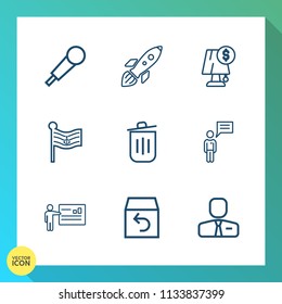 Modern, simple vector icon set on gradient background with rocket, can, employer, launch, communication, people, shuttle, sound, chat, light, exploration, meeting, businessman, nation, karaoke icons