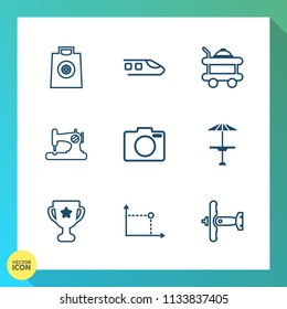 Modern, simple vector icon set on gradient background with sew, place, bed, winner, buy, photo, sign, service, geometry, bag, sale, first, achievement, aircraft, shopping, room, equipment, pub icons