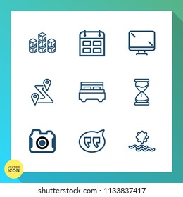 Modern, simple vector icon set on gradient background with clock, calendar, bubble, bed, photographer, screen, time, road, hourglass, morning, location, photography, storehouse, business, goods icons