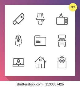 Modern, simple vector icon set on gradient background with person, pretty, chair, home, kitchen, restaurant, food, call, television, lamp, estate, technology, butcher, blank, knife, bulb, tool icons
