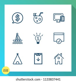 Modern, simple vector icon set on gradient background with ocean, idea, adventure, building, alcohol, price, sign, home, estate, tropical, tag, sea, drink, travel, money, juice, frame, concept icons