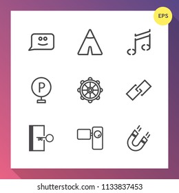 Modern, simple vector icon set on gradient background with tent, adventure, camera, ship, exit, summer, science, happy, field, landscape, cartoon, graphic, nature, urban, door, video, tourism icons
