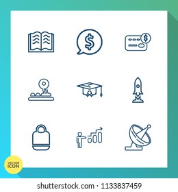 Modern, simple vector icon set on gradient background with bank, education, craft, web, white, document, arrow, literature, personal, rocket, leather, communication, growth, space, fashion, dish icons
