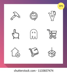 Modern, simple vector icon set on gradient background with finger, shop, scary, house, halloween, click, decoration, jug, tool, upload, center, call, screwdriver, shovel, real, touch, help, fear icons