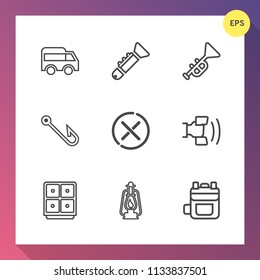 Modern, simple vector icon set on gradient background with rucksack, music, hook, vintage, musical, traffic, transportation, sound, leather, fishing, car, orchestra, bugle, move, telephone, no icons