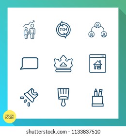 Modern, simple vector icon set on gradient background with online, operator, paintbrush, success, phone, estate, box, call, business, property, development, king, service, support, help, paint icons