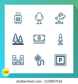 Modern, simple vector icon set on gradient background with player, craft, sky, green, business, baggage, spaceship, luggage, pine, vehicle, airport, environment, lamp, technology, terminal, bag icons