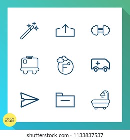 Modern, simple vector icon set on gradient background with luggage, temperature, car, email, barbell, wand, magician, baggage, miracle, travel, internet, message, physical, magic, airport, gym icons