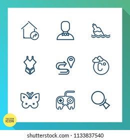 Modern, simple vector icon set on gradient background with property, search, location, internet, drink, arrow, mortgage, swimsuit, bottle, button, man, navigation, temperature, home, nature, map icons