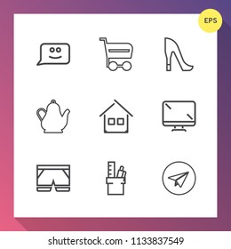 Modern, simple vector icon set on gradient background with face, digital, smile, shop, display, stationery, communication, cart, work, kitchen, house, female, shorts, emotion, business, drink icons