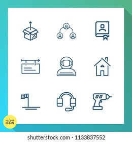 Modern, simple vector icon set on gradient background with headset, support, company, business, house, team, blue, baja, people, office, cosmonaut, work, architecture, billboard, package, poster icons