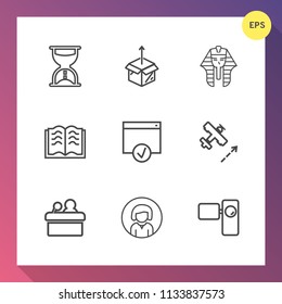 Modern, simple vector icon set on gradient background with plane, movie, box, unpacking, retro, speaker, hourglass, page, hour, meeting, girl, camera, clock, egypt, face, package, paper, sign icons