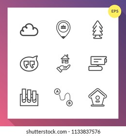 Modern, simple vector icon set on gradient background with travel, laboratory, map, environment, web, job, rent, landscape, research, chat, message, medicine, location, person, sign, estate, tv icons
