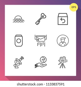 Modern, simple vector icon set on gradient background with shipping, aluminum, satellite, sun, container, man, business, investment, camera, message, technology, finance, light, male, sunrise icons