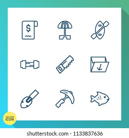 Modern, simple vector icon set on gradient background with food, saw, business, web, shovel, sea, boat, beach, construction, object, picking, sport, exercise, sun, document, industry, holiday icons